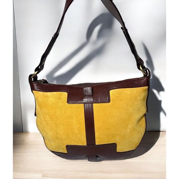 Burberry Suede & Leather Hobo Shoulder Bag Mustard Yellow Dark Brown 10"x8"x2" - Picture 1 of 13